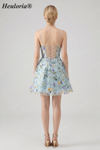 HEULORIA Enchanted Garden Sky Blue Floral Embroidered Short Homecoming Dress - Lace-up Back A-Line Mini Party Gown ED-590