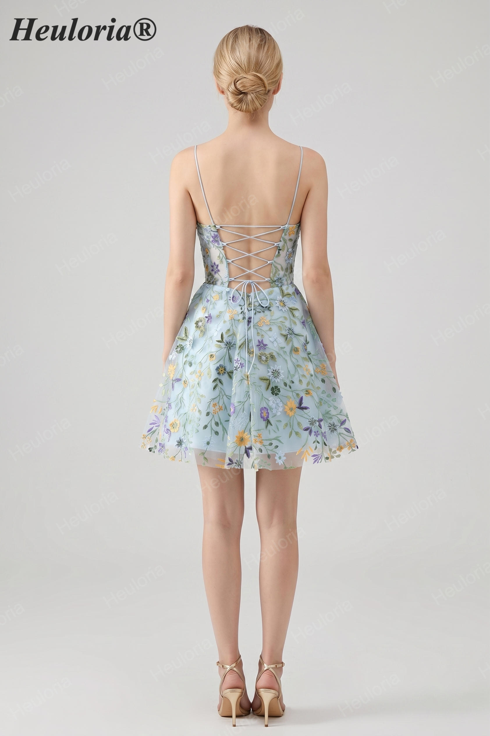 HEULORIA Enchanted Garden Sky Blue Floral Embroidered Short Homecoming Dress - Lace-up Back A-Line Mini Party Gown ED-590