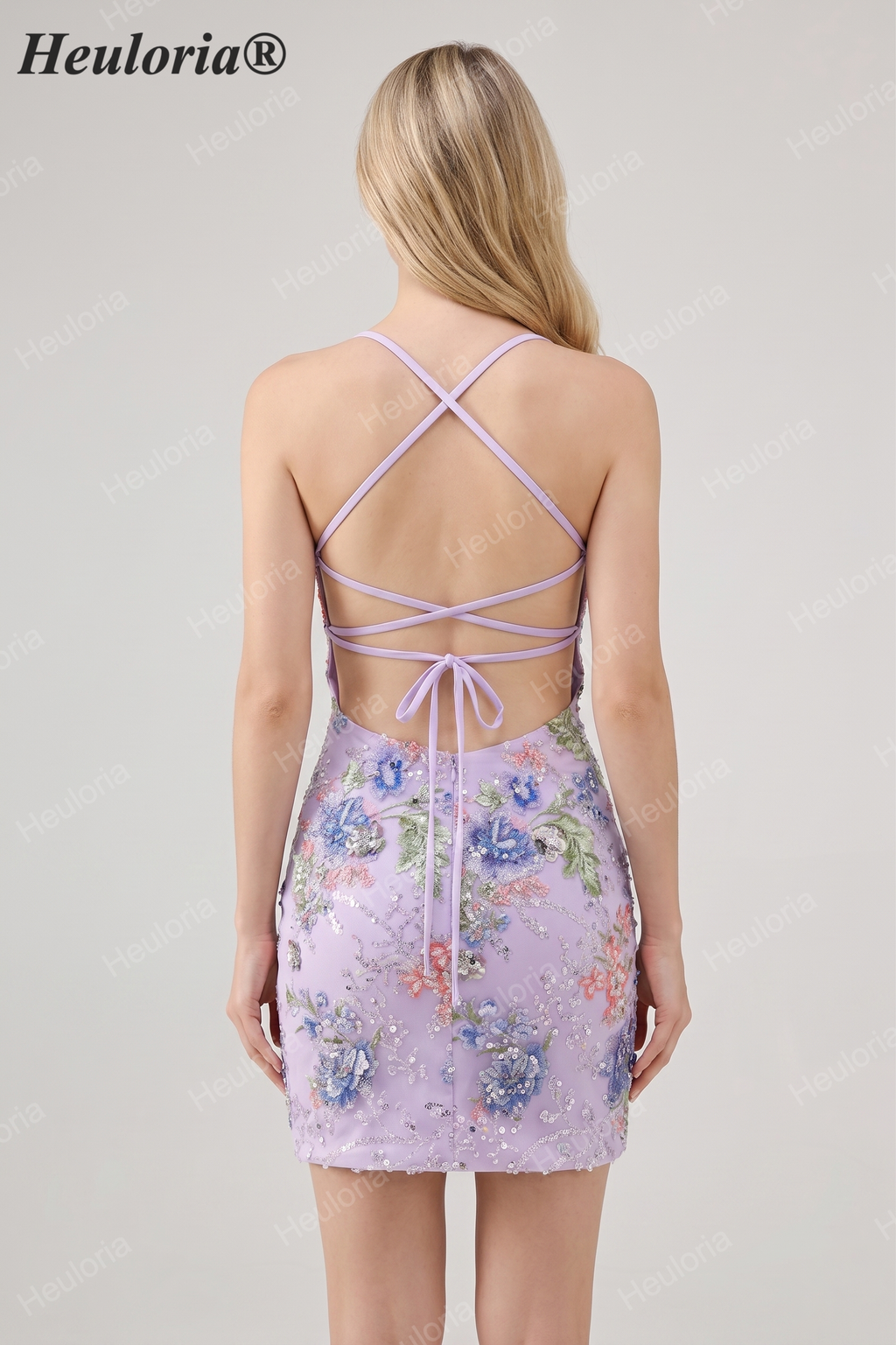 HEULORIA Floral Embroidered Sequin Bodycon Mini Dress with Sheer Mesh Cut-outs and Lace-Up Back ED-597