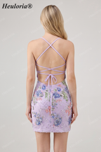 HEULORIA Floral Embroidered Sequin Bodycon Mini Dress with Sheer Mesh Cut-outs and Lace-Up Back ED-597
