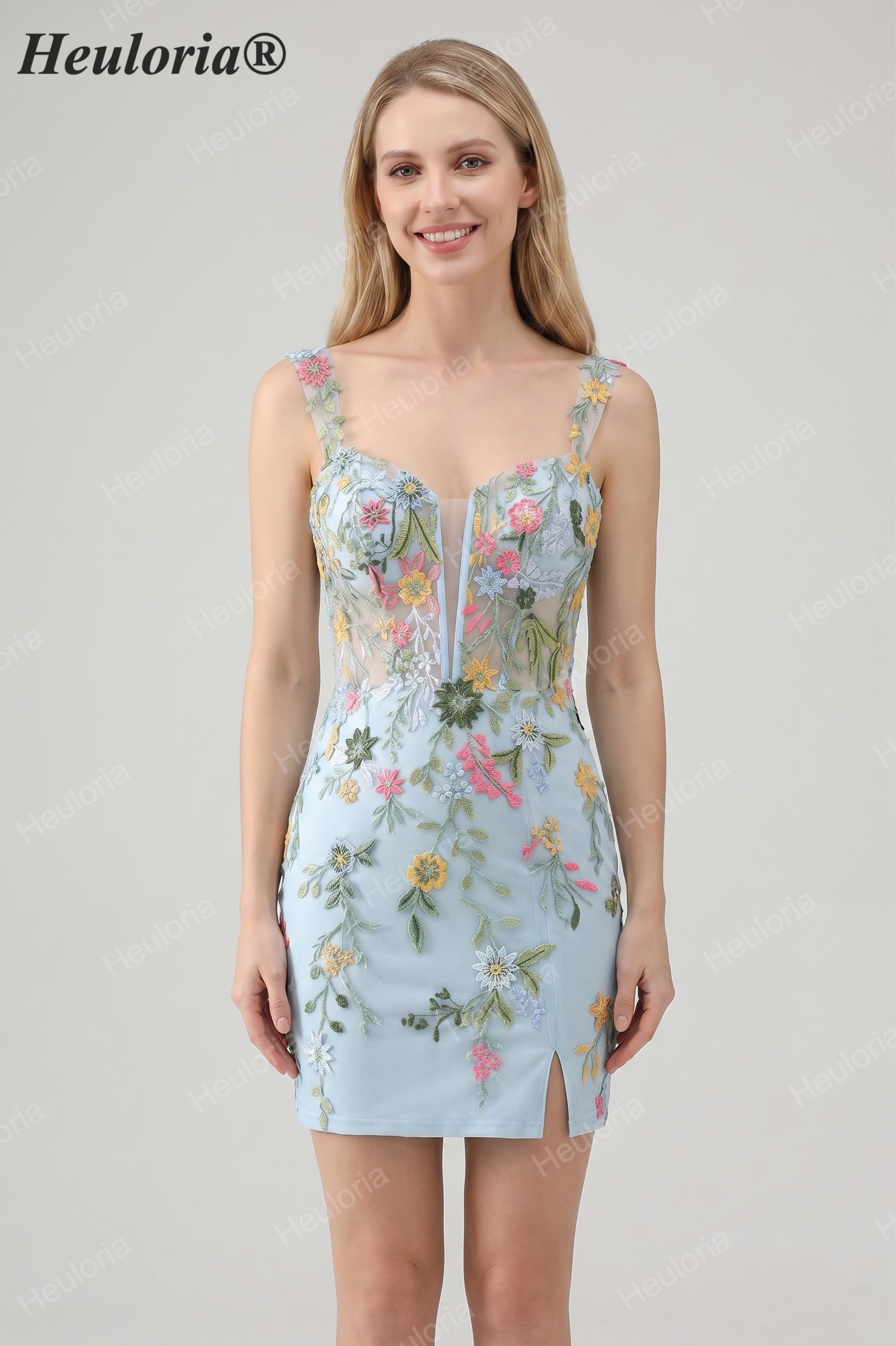HEULORIA Enchanting Multi-Color Floral Embroidery Mermaid Prom Dress with Side Slit and Detachable Straps ED-602