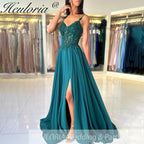 Green Chiffon Evening Dress Women Elegant Applique Suspenders Deep V-neck Backless Bridal Formal Long Ball Gowns Pageant Dress
