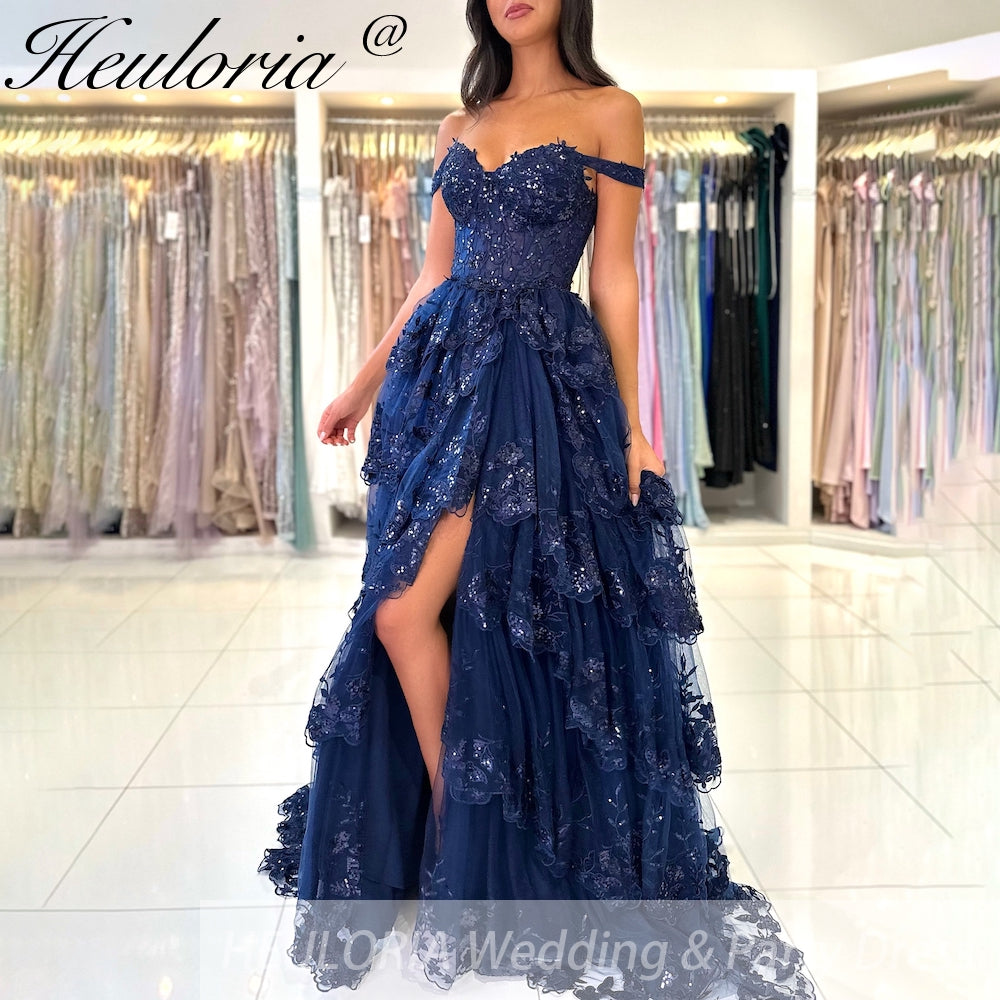 Sparkly A line Prom Formal Dresses Sequins Appliques Ruffle Black Off the shoulder Ruffles High split Prom Dresses Customsized