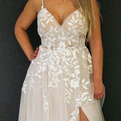 HEULORIA Lace Wedding Dresses A line Spaghetti Straps high split Bridal dress spark gliter tulle skirt AL-936