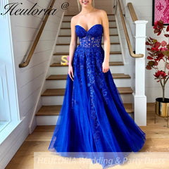 strapless Prom Dresses Lace Tulle Evening Dresses A-Shape Elegant Lady Party Dresses