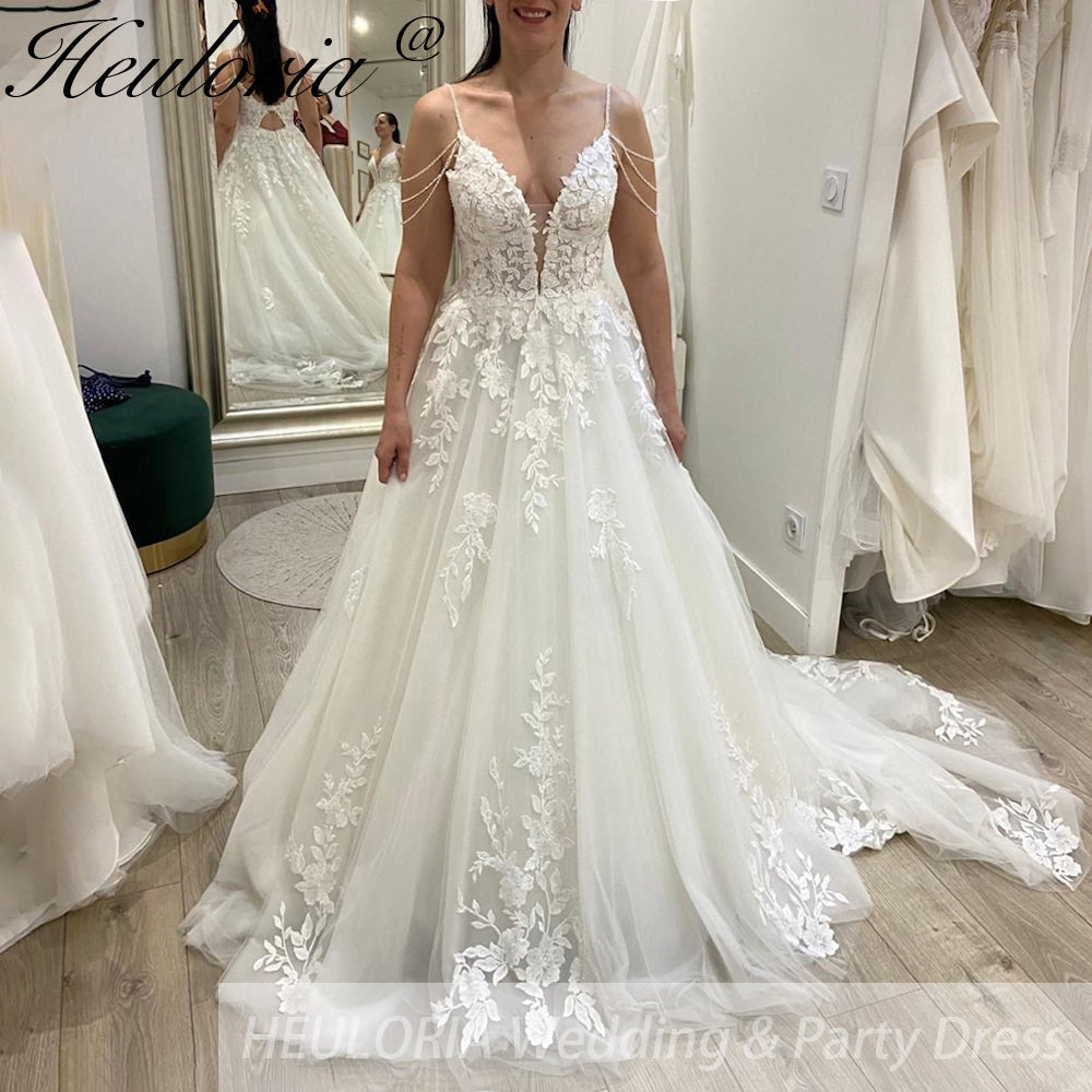 HEULORIA Spaghetti Straps a line Wedding Dress Lace bridal dress with beading tassel plug v neck Customized AL-915 Main image