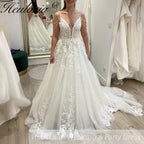 HEULORIA Spaghetti Straps a line Wedding Dress Lace bridal dress with beading tassel plug v neck Customized AL-915
