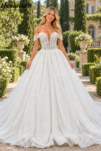 Off-Shoulder 3D Floral Glitter Ball Gown Wedding Dress with Corset BA-1100