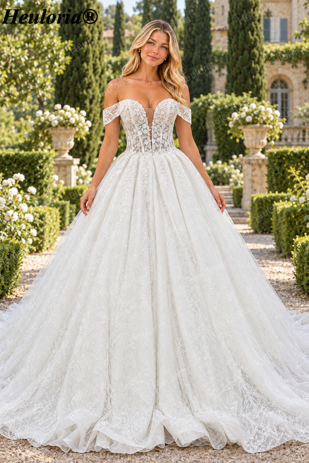 Off-Shoulder 3D Floral Glitter Ball Gown Wedding Dress with Corset BA-1100