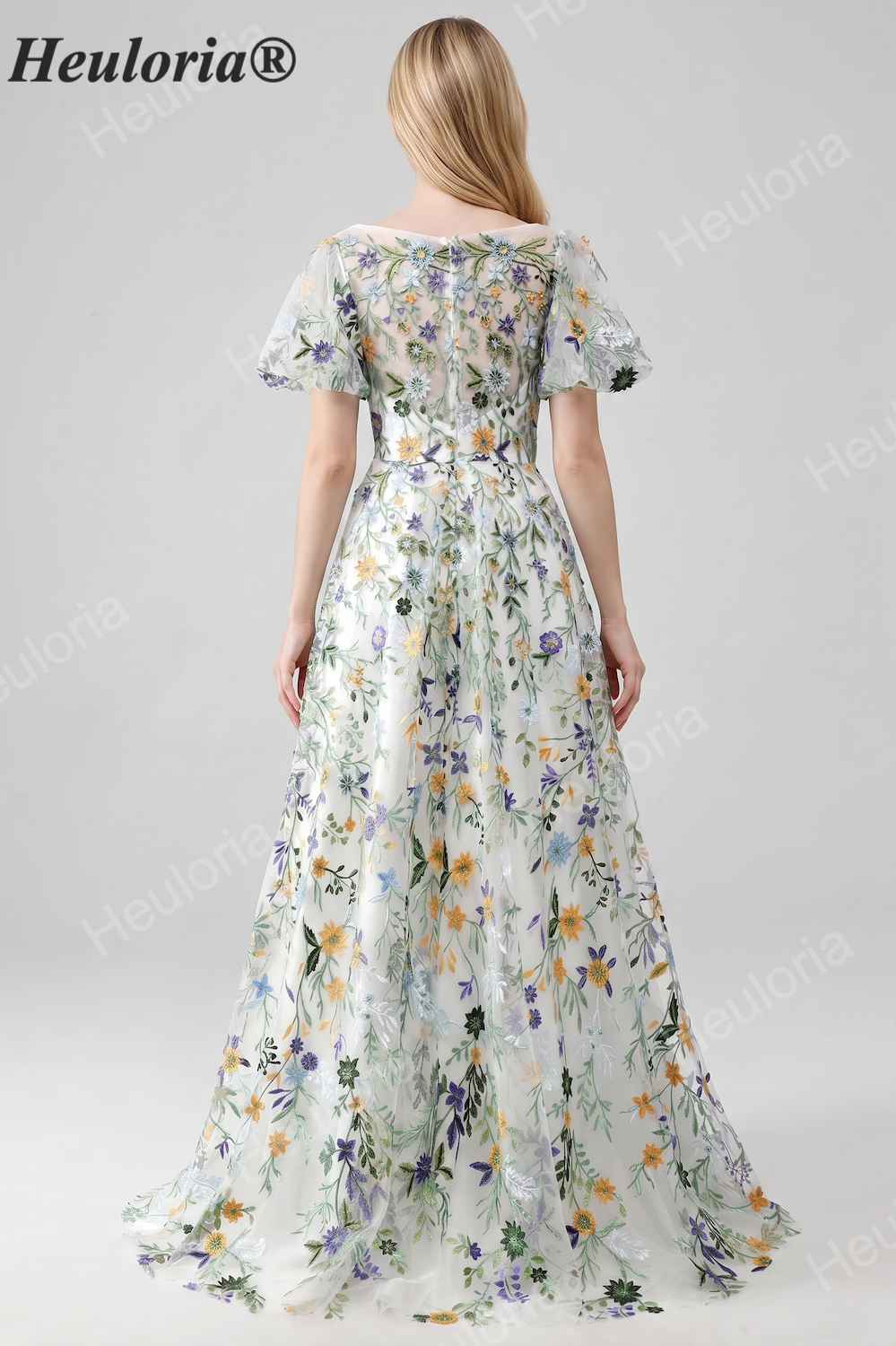 HEULORIA Enchanting Floral Embroidery Flutter Sleeve A-Line Evening Gown - Illusion Mesh Formal Dress ED-684 Imagen secundaria del producto