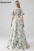 HEULORIA Enchanting Floral Embroidery Flutter Sleeve A-Line Evening Gown - Illusion Mesh Formal Dress ED-684