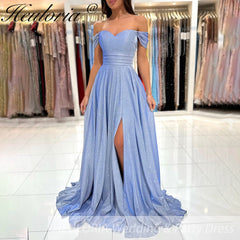 Off The Shoulder evening Dress sparky Sexy High Slit formal Prom dress With Train
