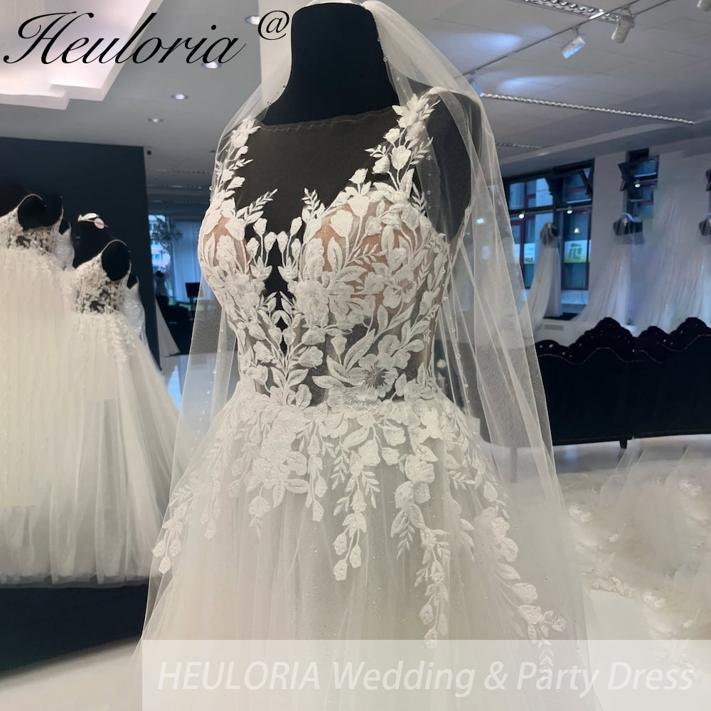 HEULORIA Sparkly Glitter A Line Lace Boho Wedding Dresses plug v neck Backless bridal dress AL-921