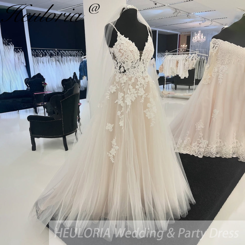 HEULORIA Spaghetti Strap  A-Line wedding dress lace applique with sparky gliter tulle Bridal Gown Wedding Party Dress Vestidos De Novia AL-922