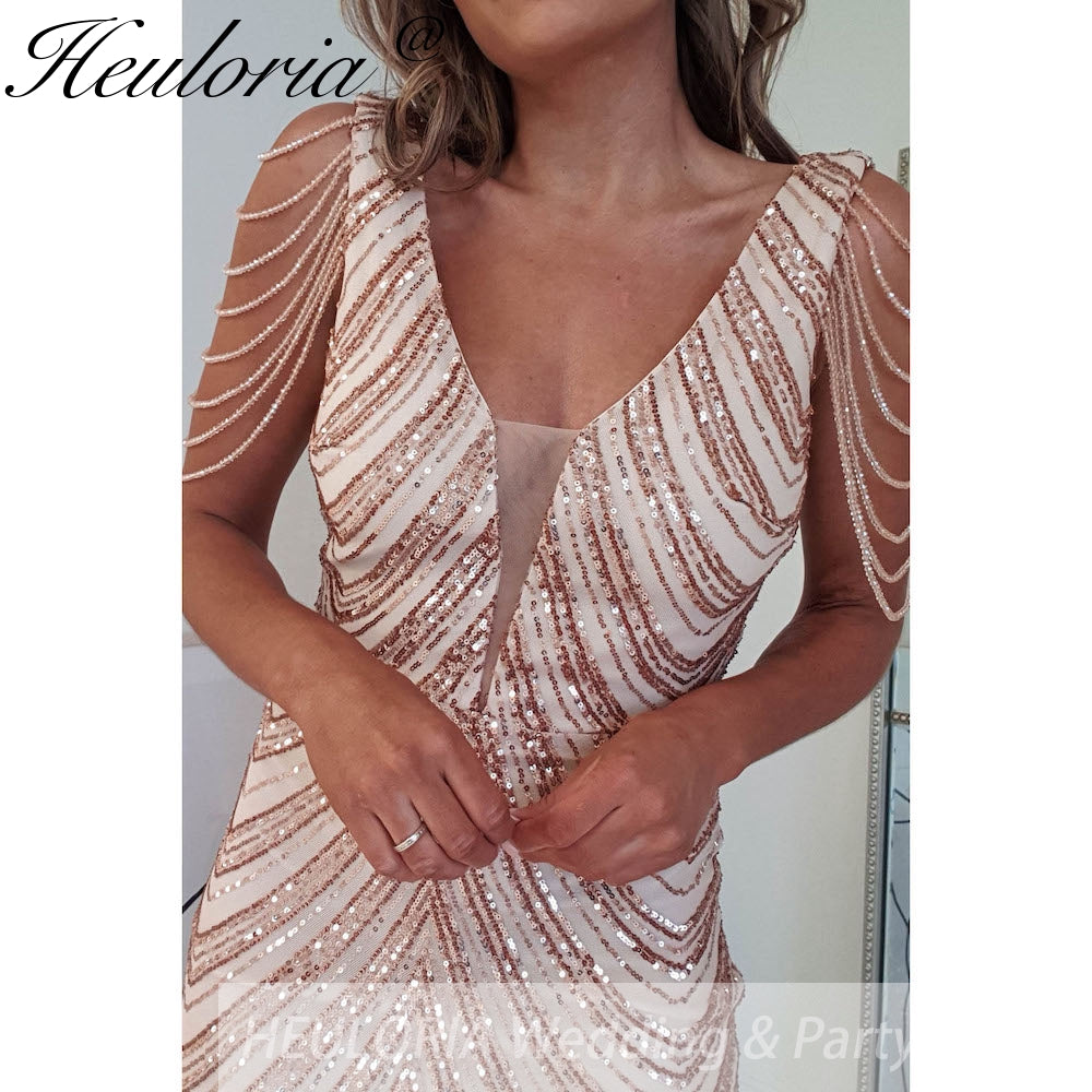 sparky sequin mermaid evening dresses V neck bead tassel formal prom dress