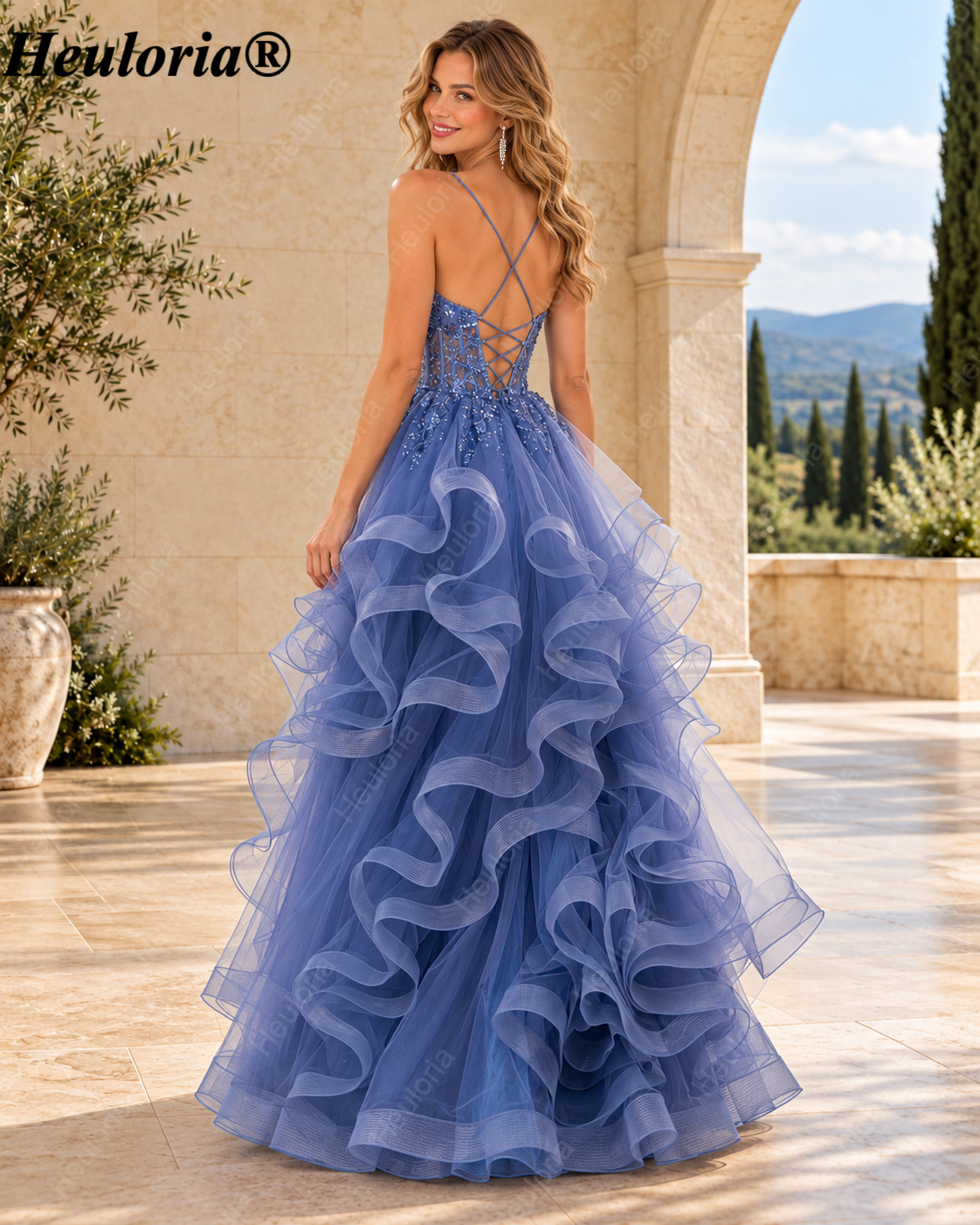 HEULORIA Dusty Blue Glitter Tulle Ball Gown Prom Dress with Beaded Sweetheart Corset and Tiered Ruffles ED-405