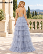 heuloria Dusty Blue V-Neck Tiered Tulle Prom Dress with Open Back ed-583