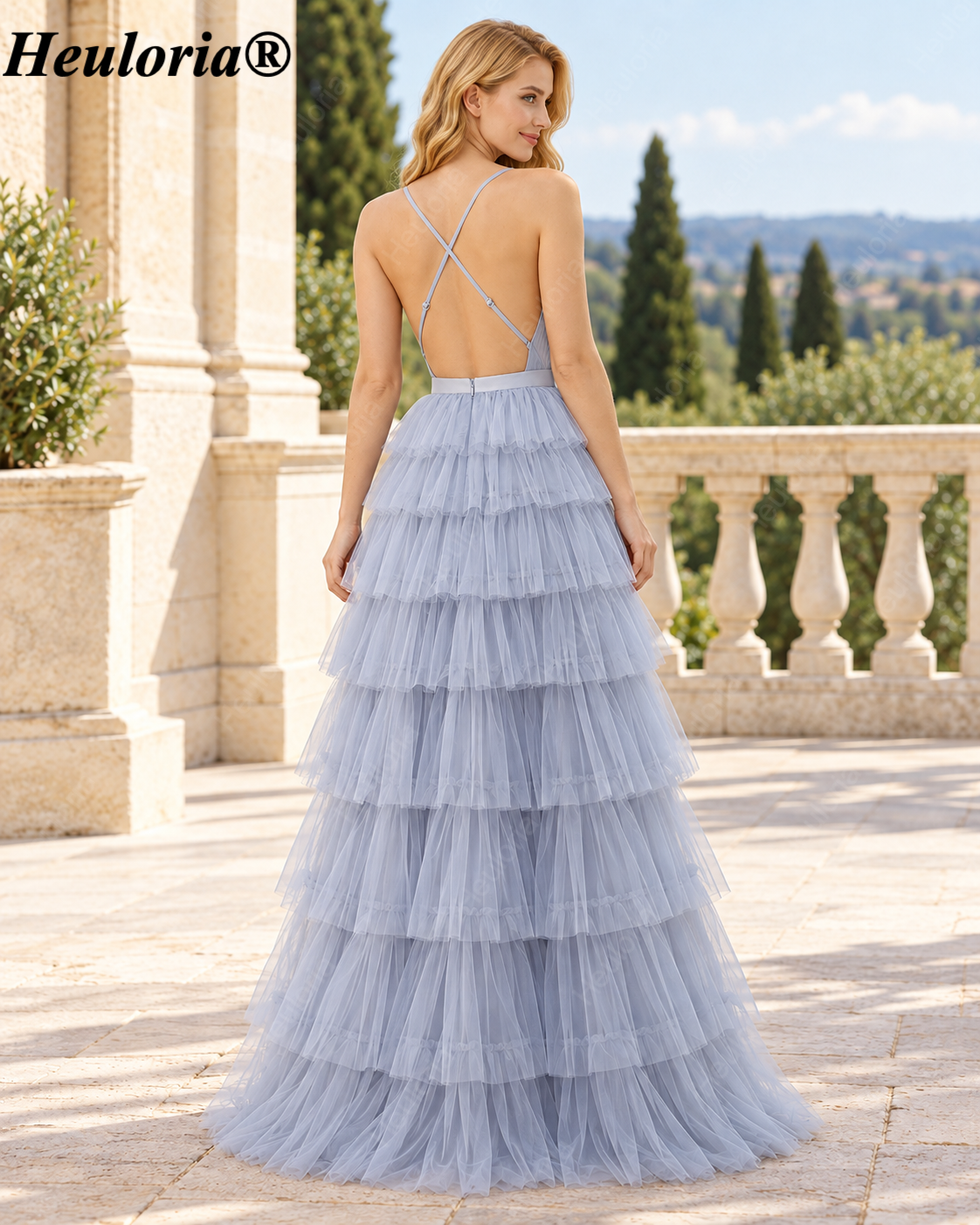 heuloria Dusty Blue V-Neck Tiered Tulle Prom Dress with Open Back ed-583