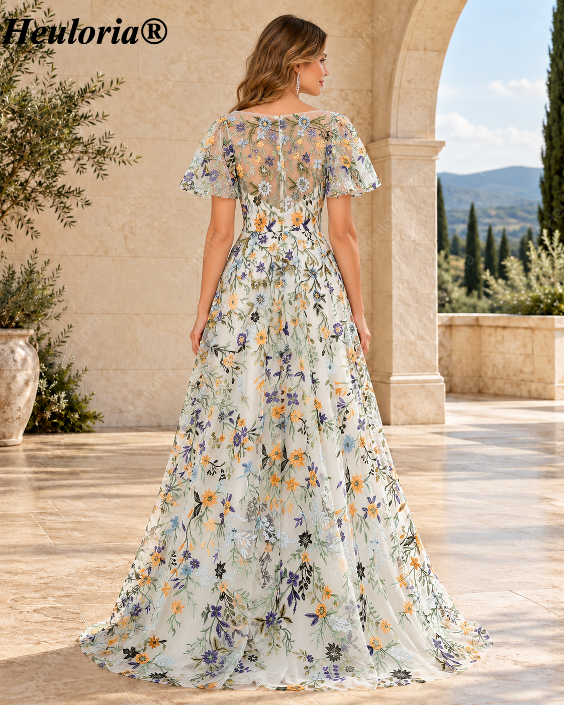 HEULORIA Ivory Floral Embroidered A-Line Evening Dress with Flutter Sleeves ED-684 Image secondaire du produit