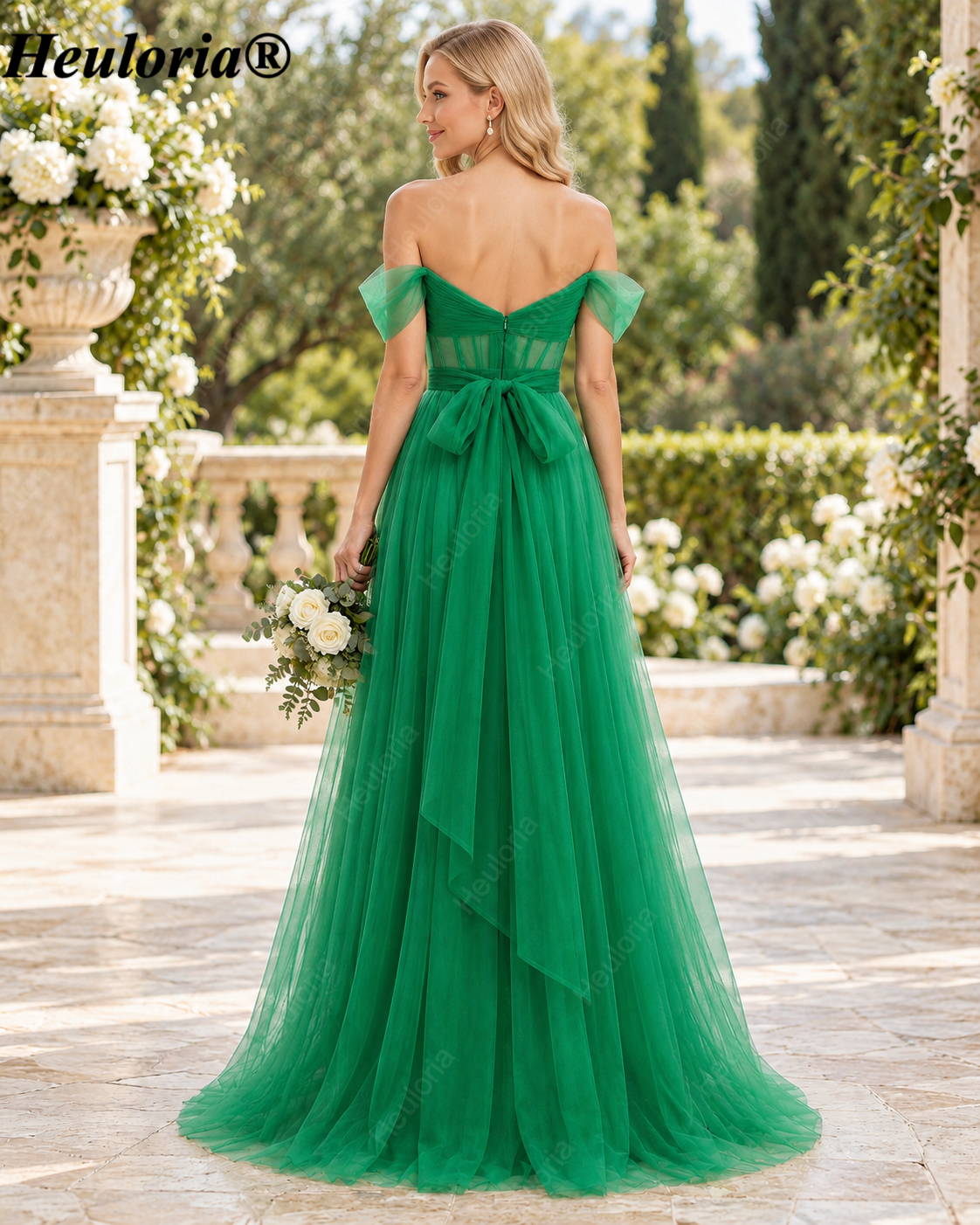 HEULORIA Emerald Green Off-Shoulder Tulle A-Line Bridesmaid Dress with Illusion Corset Bodice – ED-262 Immagine secondaria del prodotto