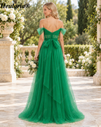 HEULORIA Emerald Green Off-Shoulder Tulle A-Line Bridesmaid Dress with Illusion Corset Bodice – ED-262