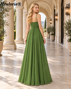 heuloria-Olive Green Pleated Bridesmaid Dress with Cascading Skirt-ed-534