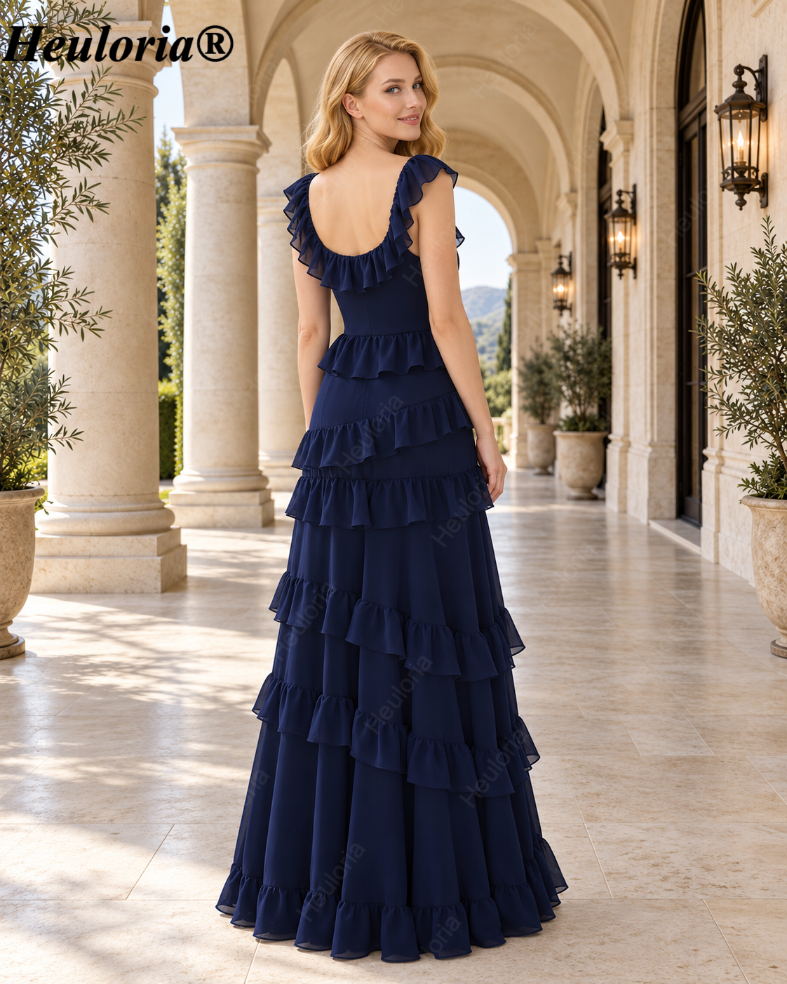 heuloria-Dark Navy Square Neck Ruffle Bridesmaid Dress-ed-556 Immagine secondaria del prodotto