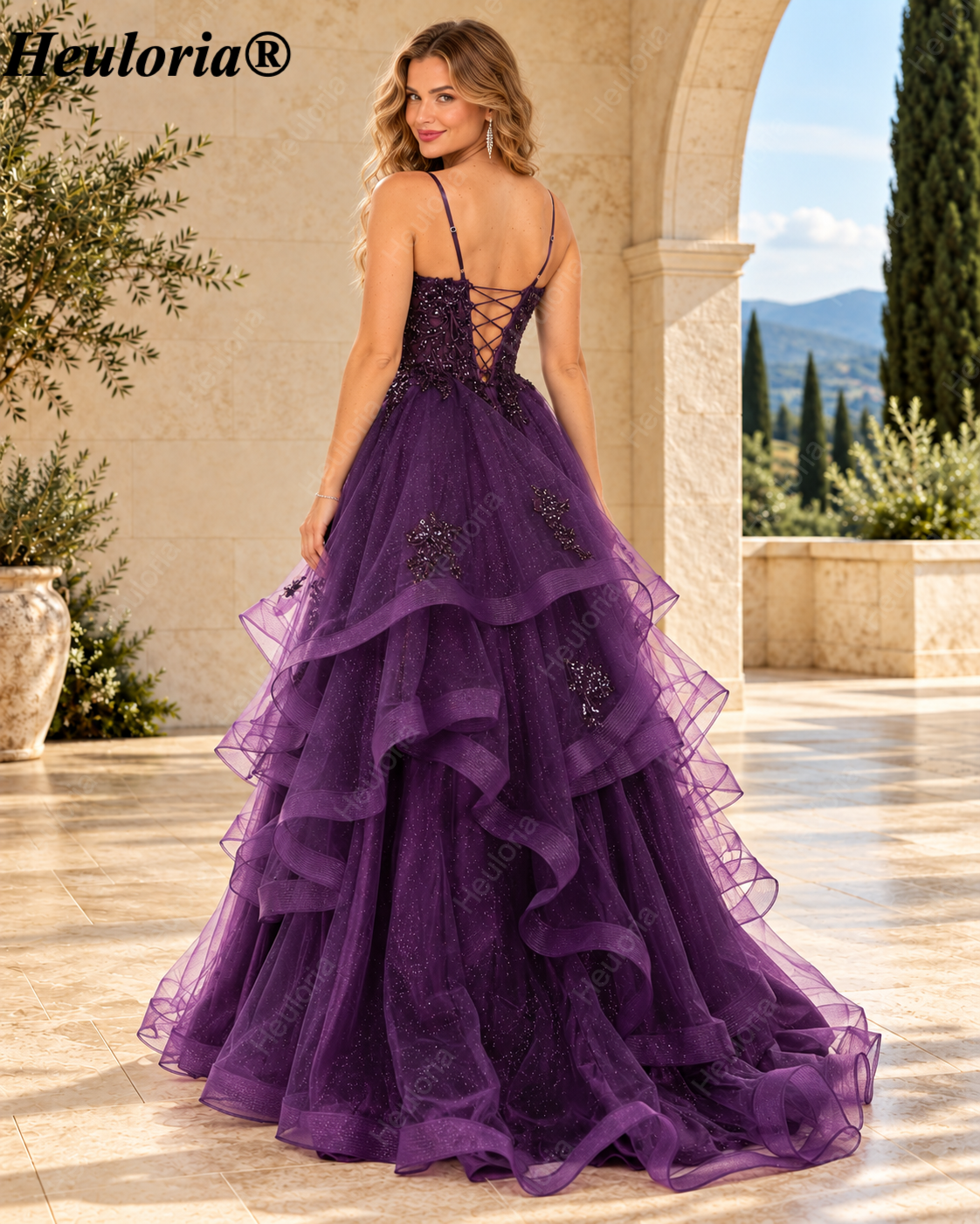 HEULORIA Purple Beaded Tiered Tulle Ball Gown Prom Dress | ED-423 Image secondaire du produit