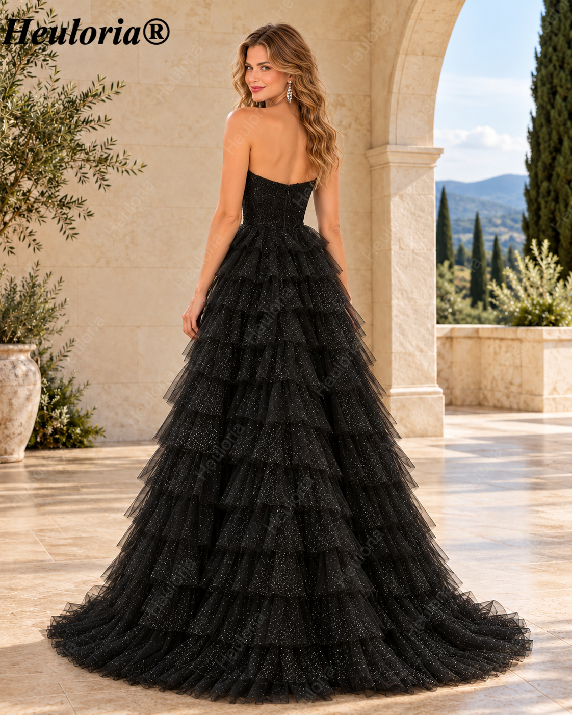 HEULORIA Black Sweetheart Tiered Glitter Tulle Prom Dress with Lace Bodice ED-102 Imagen secundaria del producto