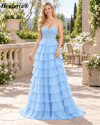 HEULORIA Lavender Strapless Lace Corset Tiered Chiffon A-Line Prom Dress – ED-235
