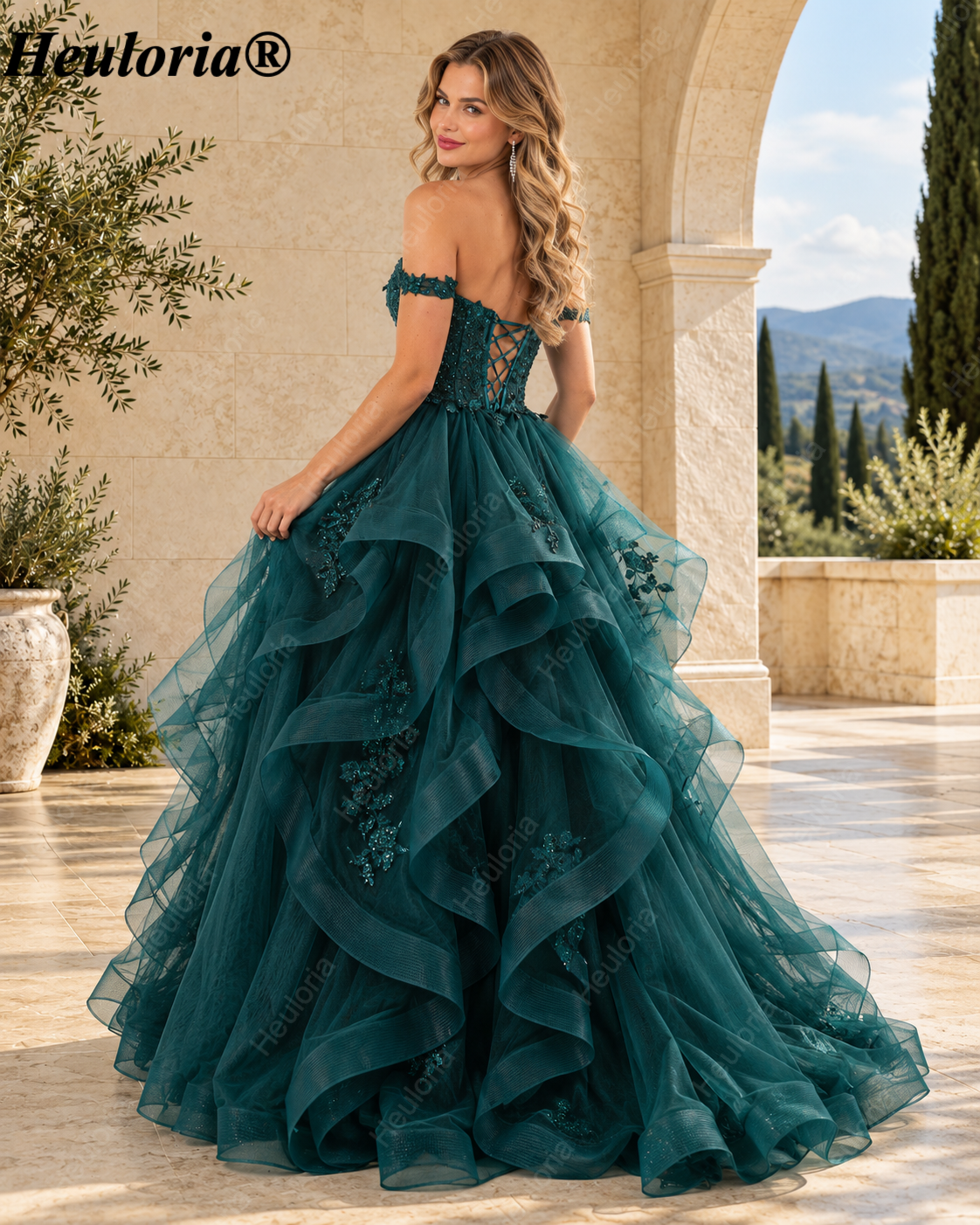 HEULORIA Emerald Off-the-Shoulder Glitter Tulle Ball Gown Prom Dress with Tiered Ruffles and Corset Bodice ED-406 Secondary image