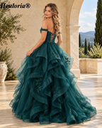 HEULORIA Emerald Off-the-Shoulder Glitter Tulle Ball Gown Prom Dress with Tiered Ruffles and Corset Bodice ED-406