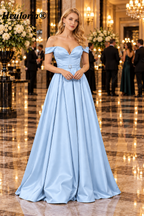 HEULORIA Champagne Off-Shoulder Pleated Satin Ball Gown Prom Dress with High Slit – ED-26