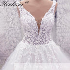HEULORIA V Neck Sleeveless A line Wedding Dress Boho Lace Appliques Tulle Long Bridal Gowns Backless Vestidos de Novia Customized AL-1023