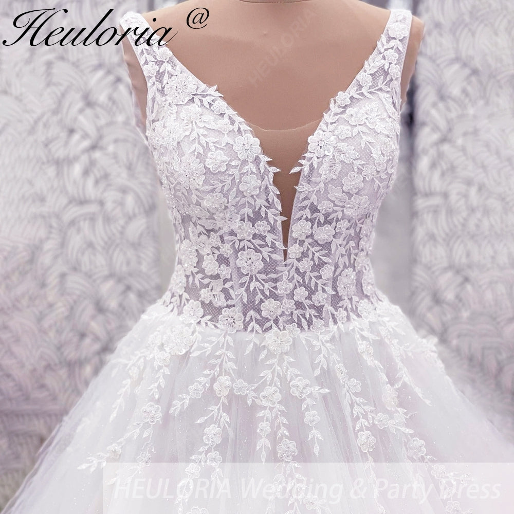 HEULORIA V Neck Sleeveless A line Wedding Dress Boho Lace Appliques Tulle Long Bridal Gowns Backless Vestidos de Novia Customized AL-1023