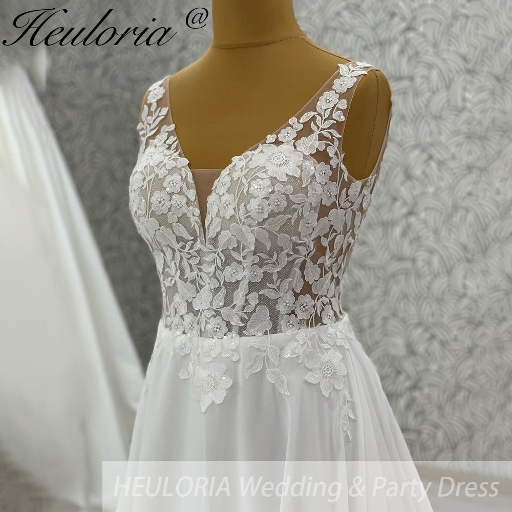 HEULORIA  elegant A line wedding dress Spaghetti Strap crepe lace chiffon bridal dress Robe De Mariee Wedding Bride Dress AL-1033