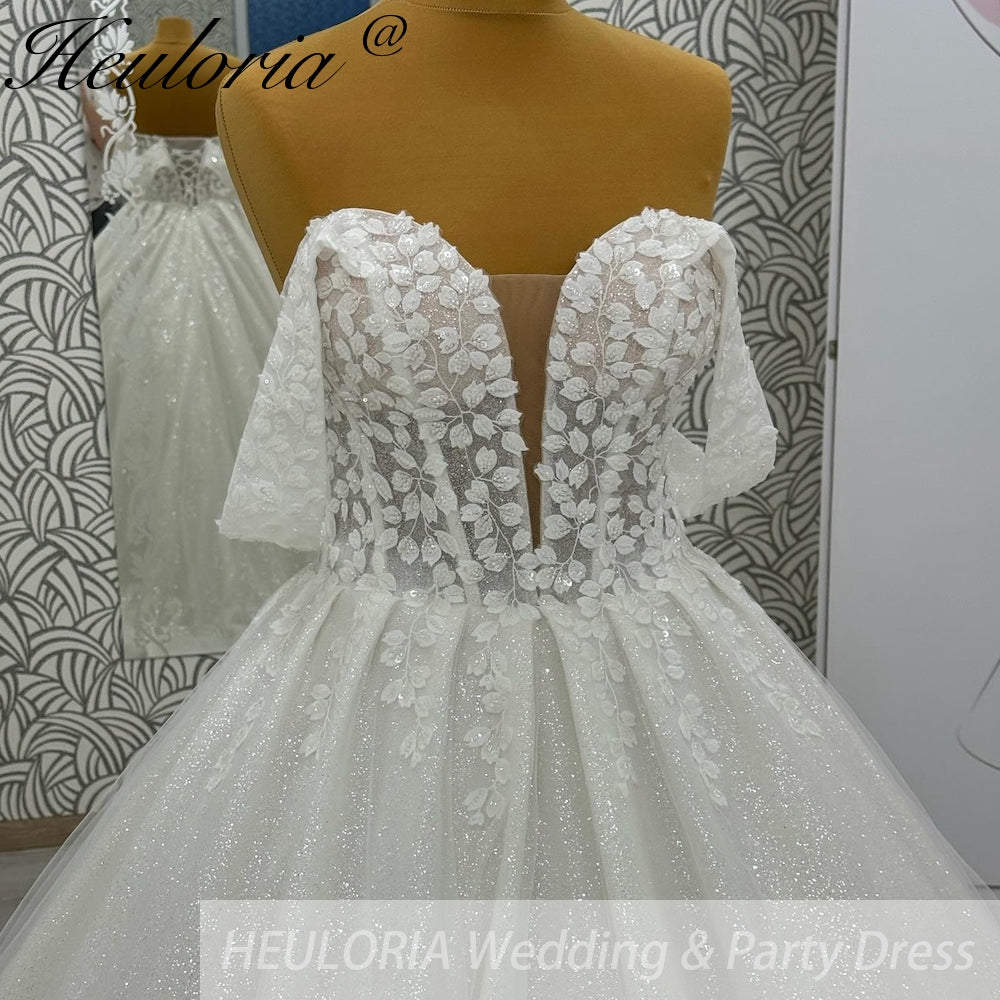 HEULORIA Sparkly Glitter Wedding dress Off The Shoulder 2025 Luxury Women Church Beach Bride Dresses Floral Lace Customized BA-1108