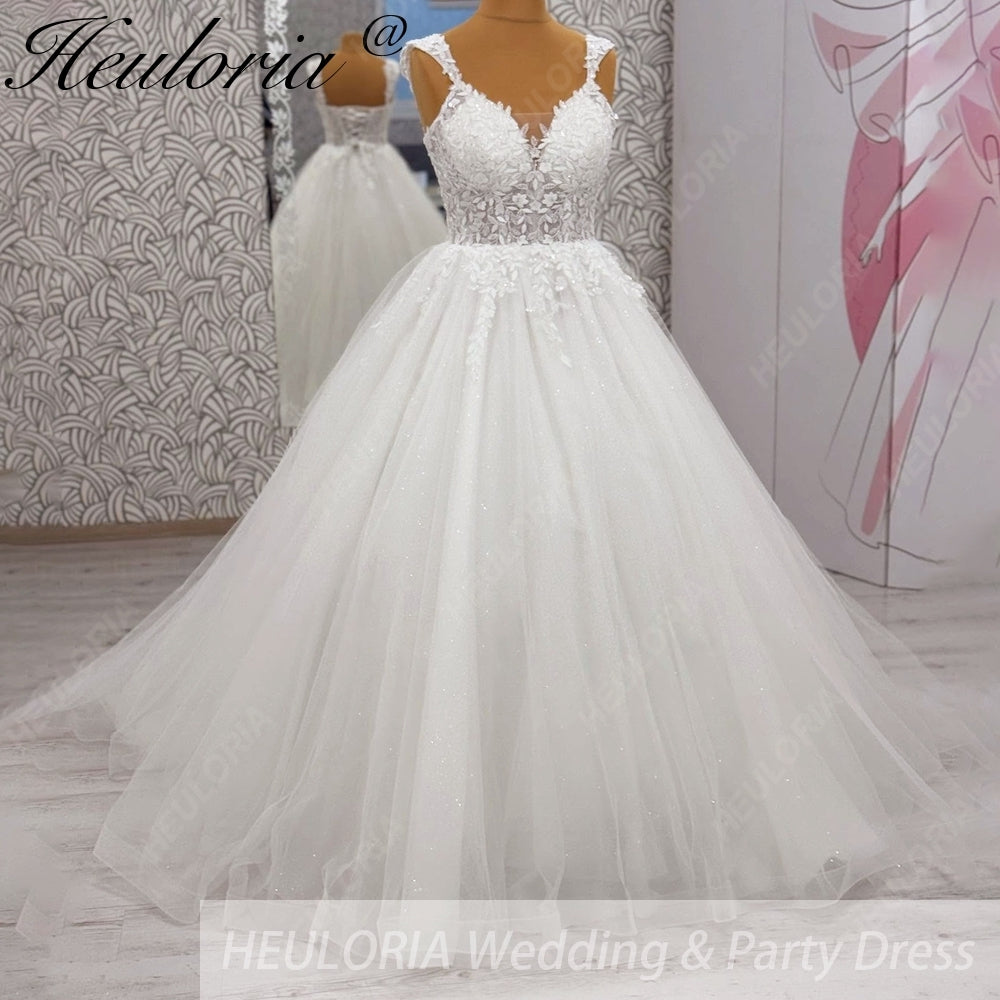 HEULORIA Enchanting Leaf Lace A-Line Wedding Dress - Shimmering Tulle & Plunging Illusion V-Neck AL-1010