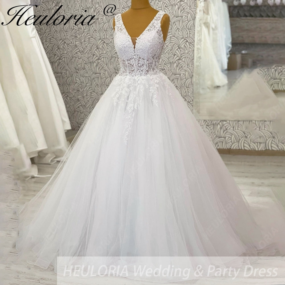 HEULORIA V Neck Sleeveless A line Wedding Dress Boho Lace Appliques Tulle Long Bridal Gowns Backless Vestidos de Novia Customized AL-1037