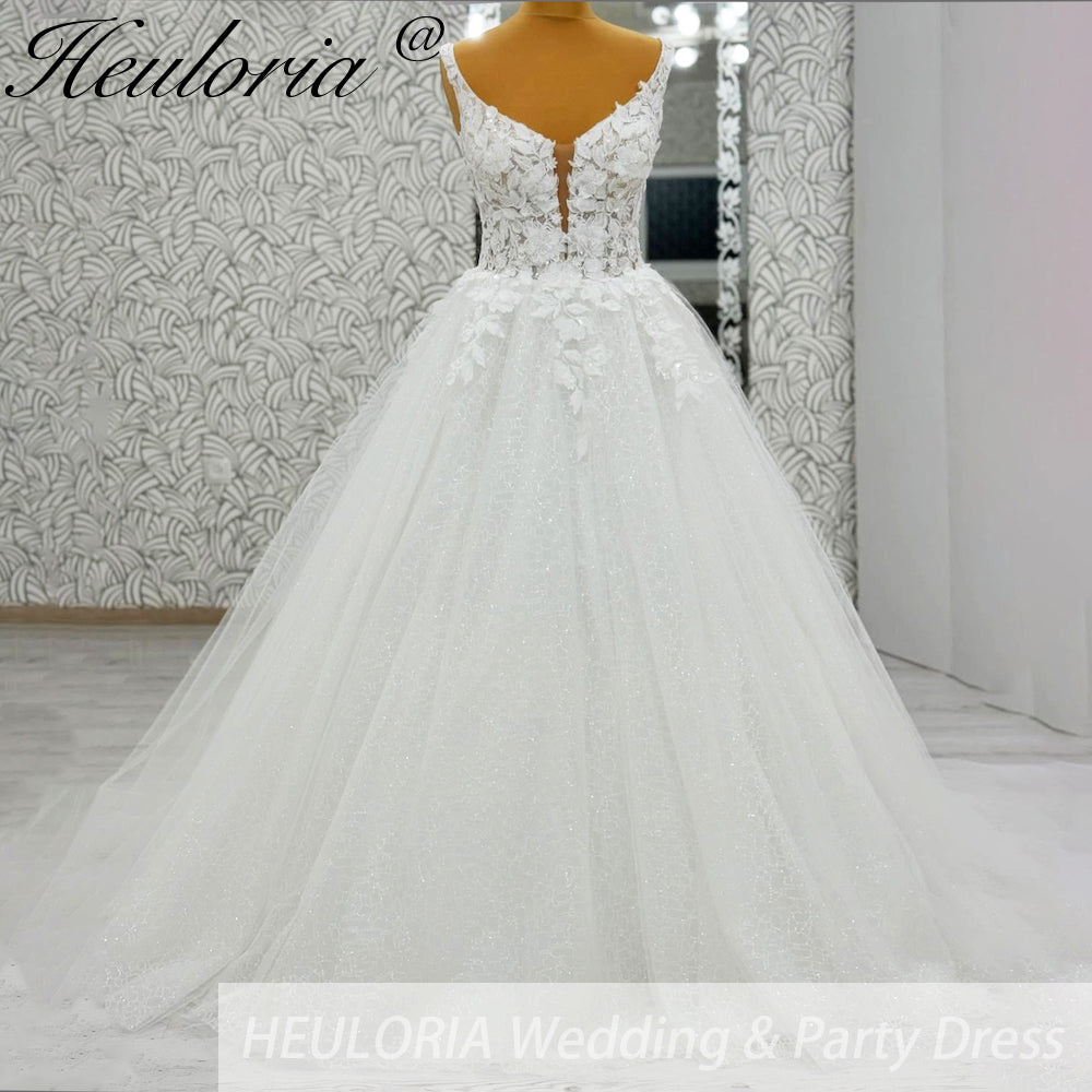 HEULORIA V Neck Sleeveless A line Wedding Dress Boho Lace Appliques Tulle Long Bridal Gowns Backless Vestidos de Novia Customized AL-1105 Secondary image