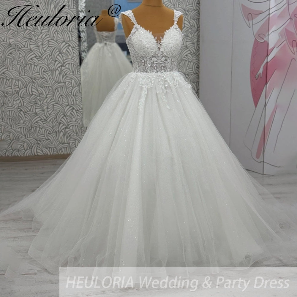 HEULORIA V Neck Sleeveless A lineWedding Dress Boho Lace Appliques Tulle Long Bridal Gowns Backless Vestidos de Novia Customized AL-1010