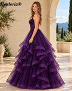 HEULORIA Sparkly Floral Applique Tiered Tulle Ball Gown Prom Dress with Lace-Up Back ED-409