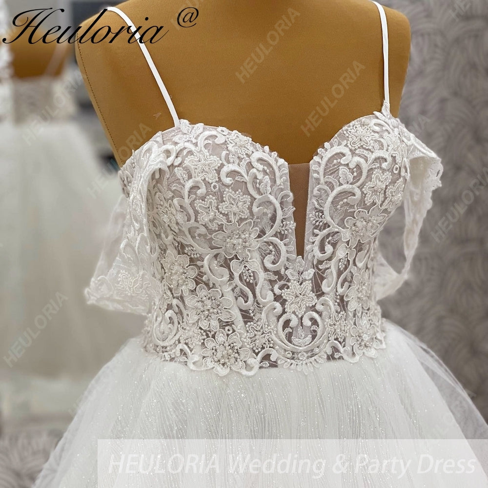 Sparkling Glitter Tulle A-Line Wedding Dress: Sweetheart Plunge & Detachable Lace Sleeves AL-1024