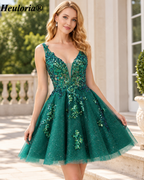 HEULORIA Dark Green Sequin Tulle A-Line Mini Homecoming Dress with Plunging V-Neck – ED-281