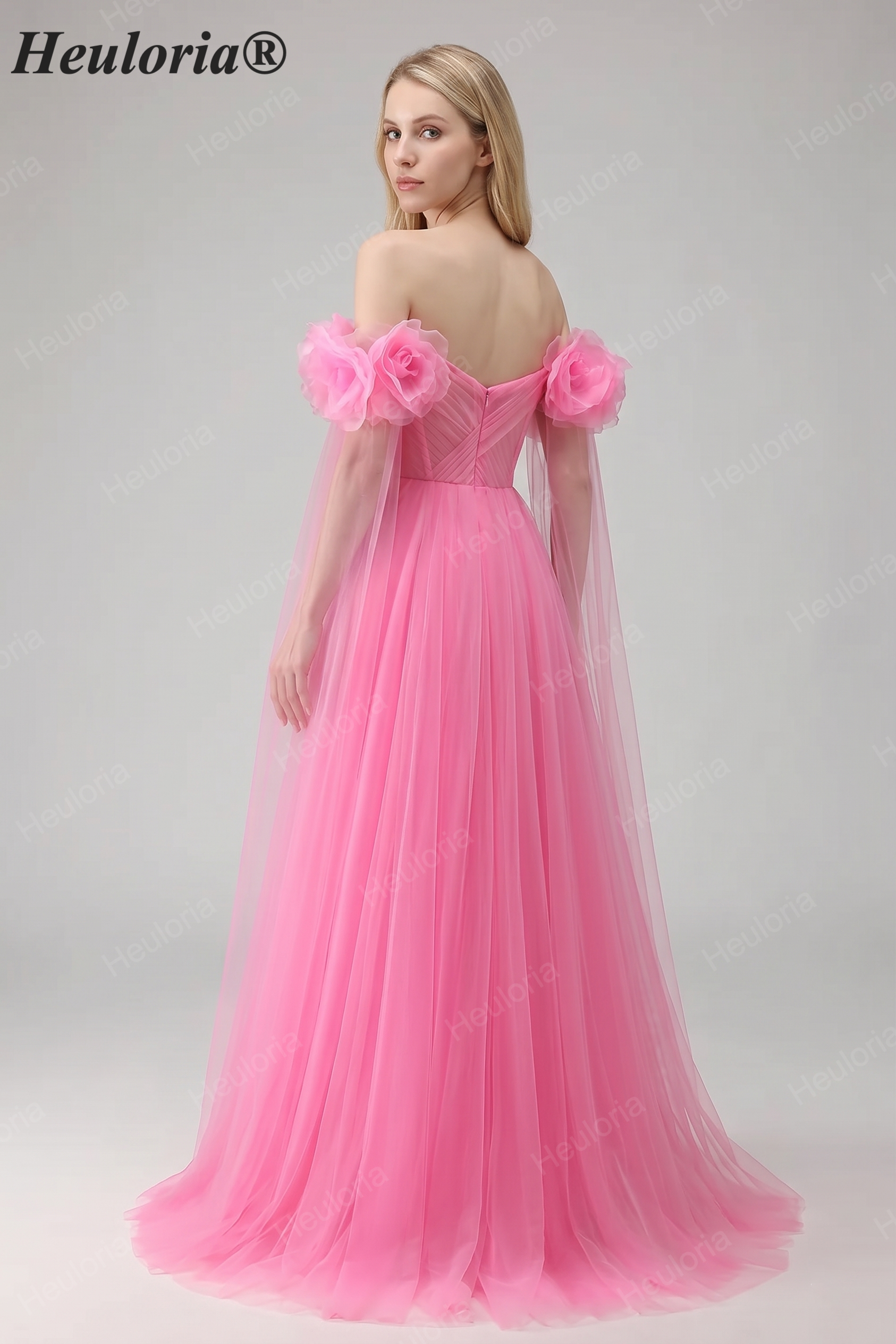 Heuloria Romantic Off-the-Shoulder Pink Tulle Prom Dress with 3D Floral Sleeves & Ruched Bodice ED-512