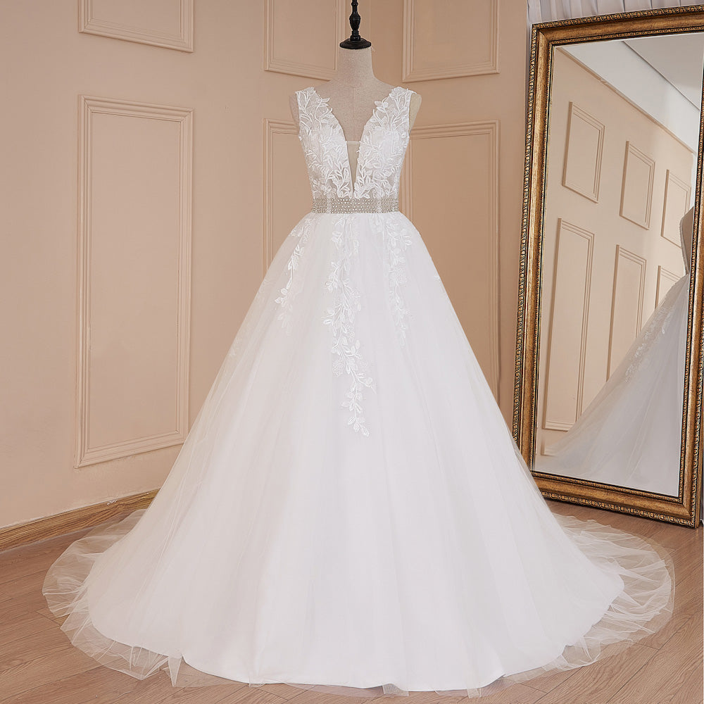 HEULORIA A-line V-Neck Sweep Train Lace Tulle Wedding Dress With Sequins Beading AL-580