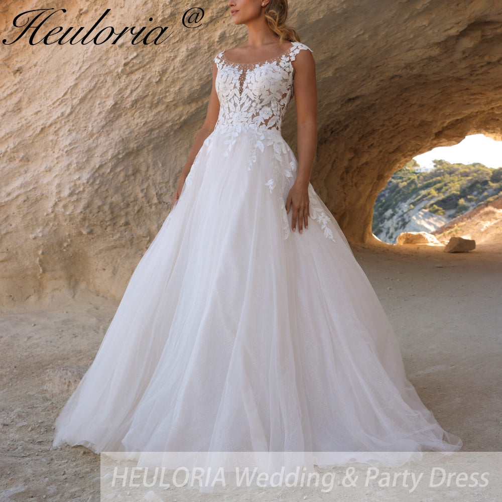 HEULORIA Boho Beach Wedding Dresses A Line Sparkly Glitter tulle lace bridal dress plug v neck customize AL-905 Main image
