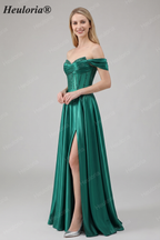 HEULORIA Off-the-Shoulder Sequin Beaded Satin Prom Dress with Slit & Corset Back ED-586