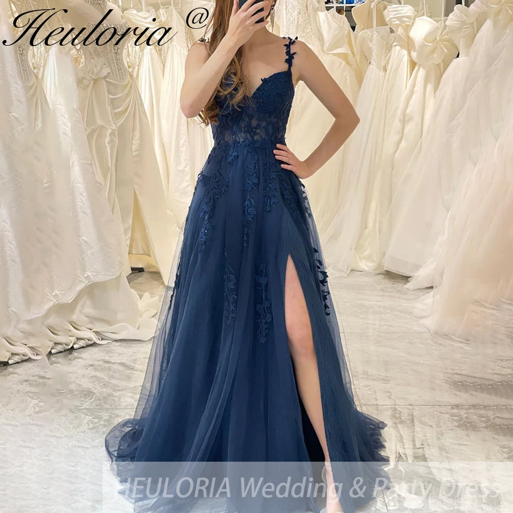 Customized Navy Blue Evening Dresses Spaghetti Straps Beads Appliques Prom Party Gowns Formal Side Slit robes de soirée