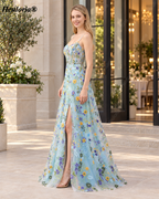 HEULORIA Light Blue Floral Embroidered Tulle A-Line Prom Dress with Spaghetti Straps, High Slit and Lace-Up Back ED-591